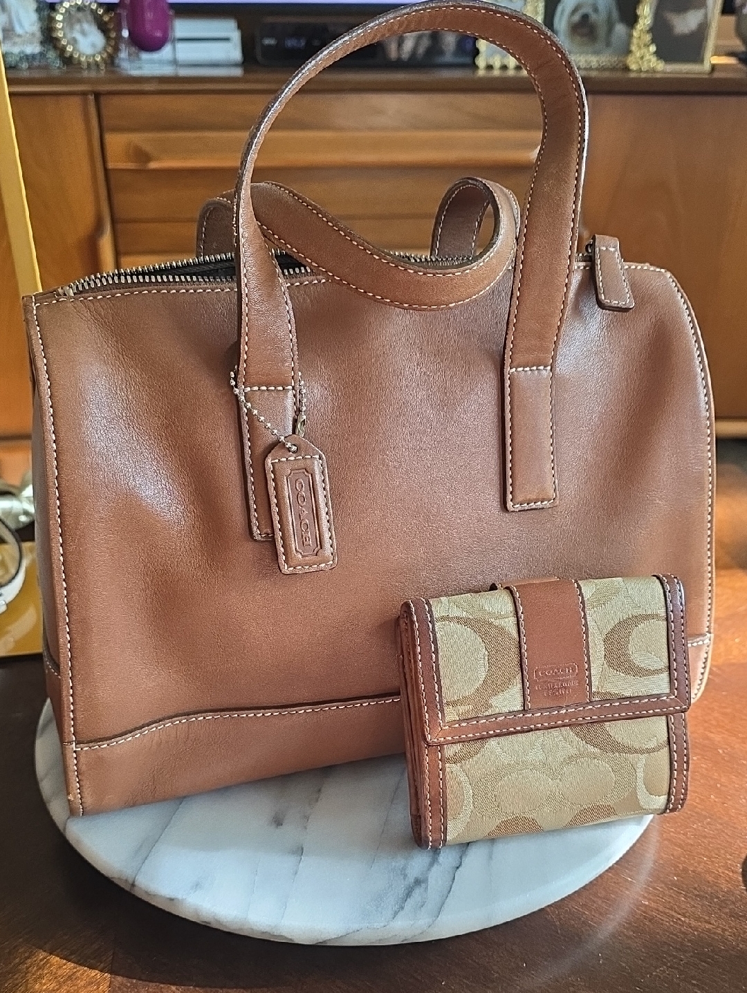 Coach 2000 Vintage Hampton Statchel Brown Leather Tote Signature Canvas Wallet